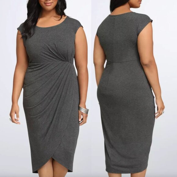 TORRID 1 Plus Size Shirred Tulip Midi Dress Charcoal Gray Short Sleeve Sheath 1X - Picture 1 of 16